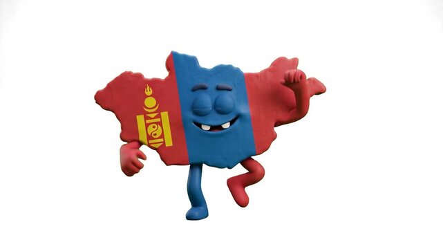 A funny 3D character modeled as the map of Mongolia with its iconic national flag texture dances happily on a seamless white studio background. Great for geography tutorials, travel channel graphics, 