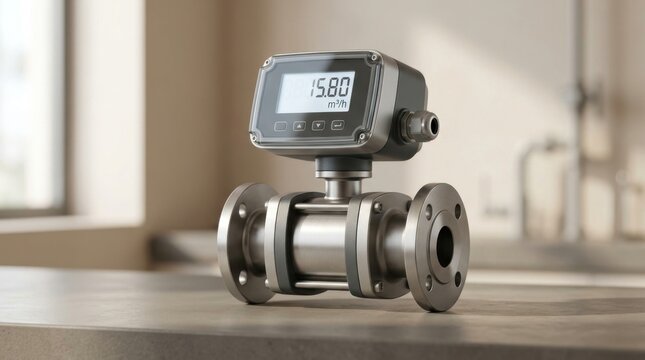 Industrial water flow meter with digital display and flange connection.