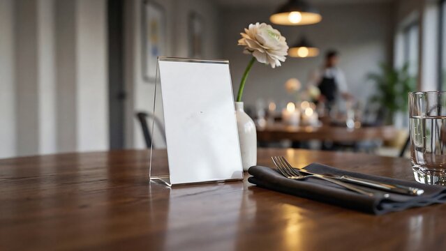 Blank white menu stand on a wooden restaurant table with a flower vase and cutlery set
