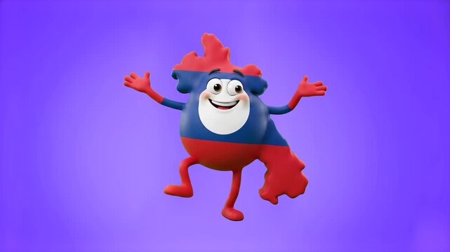 A playful 3D Laos map character decorated in national flag colors presenting joyfully on a solid blue chroma key background. Perfect for educational videos, Asian travel advertising, cultural presenta