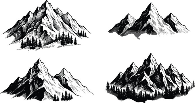 Hand Drawn Mountain Ridge Silhouette Vector Set with Pine Trees for Outdoor Adventure and Vintage Logo Designs