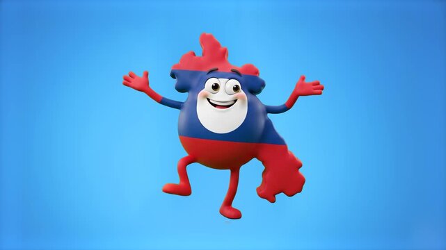 A cheerful 3D animated map character shaped like Laos and painted with its national flag poses with open arms on a light blue background. Perfect for Southeast Asian geography lessons, educational med