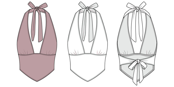 Women halter top fashion design sketch, deep V neckline with bust seam, neck and back ties garment construction, flat vector illustration