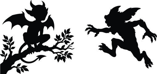 Black and white vector silhouette set of a little demon on a branch and a jumping goblin