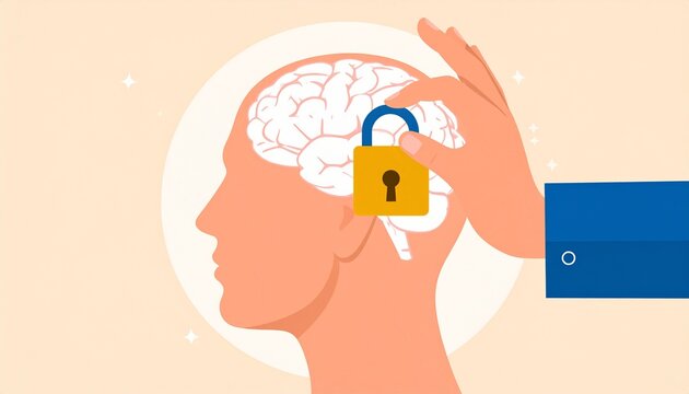 Dictatorship concept with brain locked by padlock. Mental control and censorship illustration.