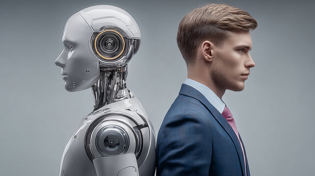 Human and humanoid robot standing back to back concept of artificial intelligence versus humanity identity technology future and coexistence