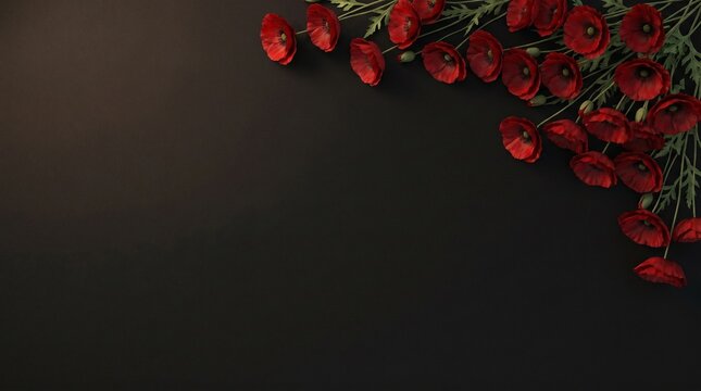 Elegant red poppies border on dark background vignette