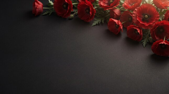 Close up red poppy flowers top right corner arrangement