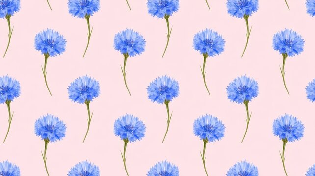 Seamless pattern of vibrant blue cornflowers on soft pastel pink background for textile design and decoration.