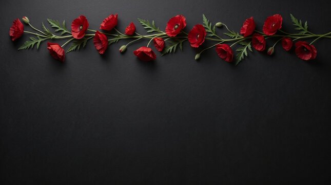 Red poppy flowers top border frame on black background