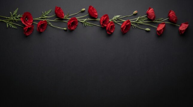 Red poppy flowers and green leaves top border frame