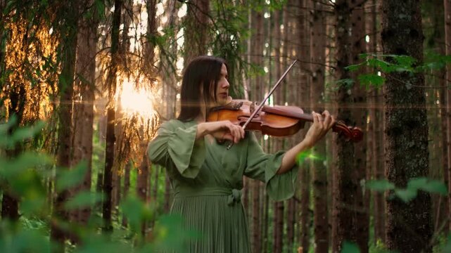 Woman in flowing green dress playing violin in tranquil forest, surrounded by tall trees and soft golden sunset light, creating a peaceful natural musical atmosphere
