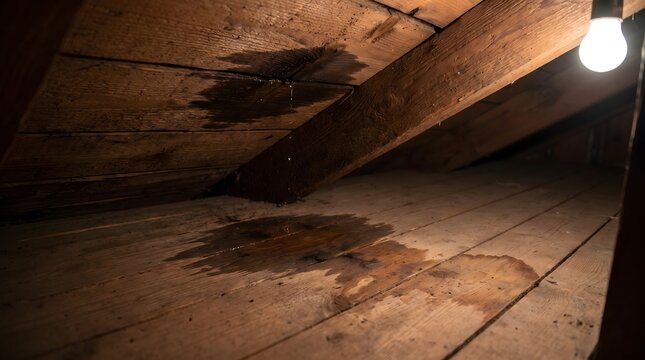 Water leaking from a wooden ceiling structure onto attic floorboards, illuminated by a hanging light bulb, concept image for roof damage, maintenance, and home insurance claims.