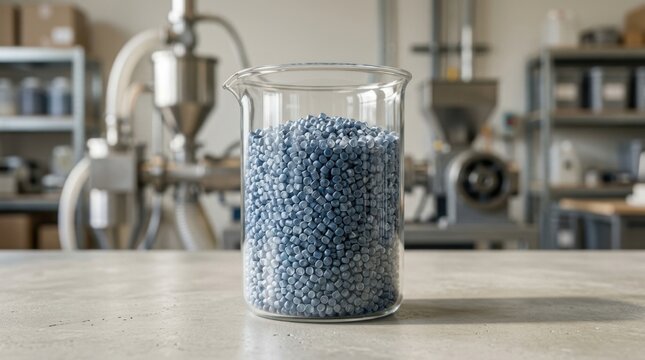 Raw plastic pellets in laboratory beaker on factory floor with machinery background.