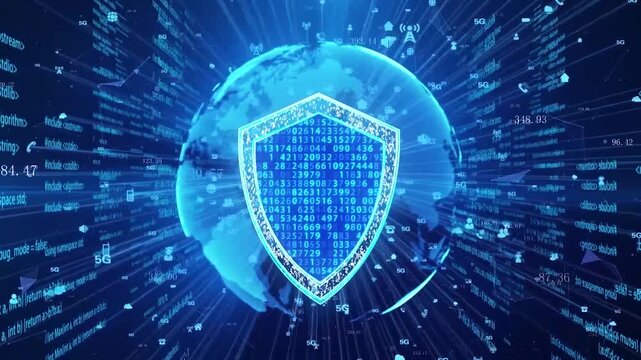 Global cyber security technology background, 3D rotating earth globe with digital shield protection, data privacy and network firewalls animation loop for corporate VFX