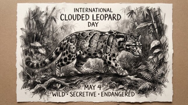Vintage hand drawn sketch of a clouded leopard walking in a jungle, International Clouded Leopard Day poster illustration
