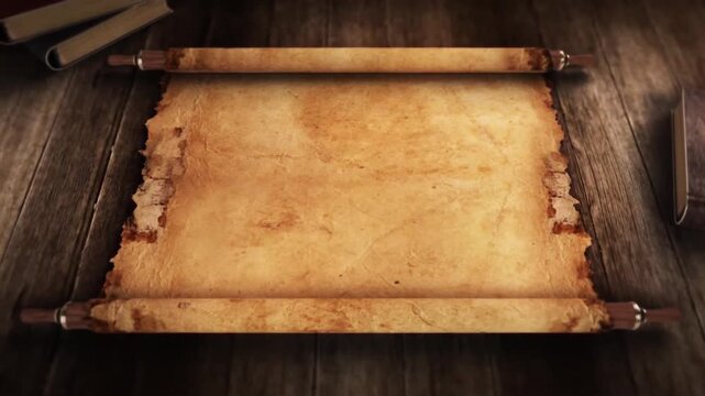 Old vintage scroll paper opening on a rustic dark wooden table background, ancient historical parchment scroll texture with copy space for text.