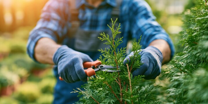 Close up of hands in gloves pruning evergreen tree with secateurs