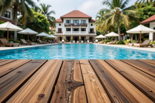 Empty wood table top with blur outdoor swimming pool in tropical resort hotel summer background