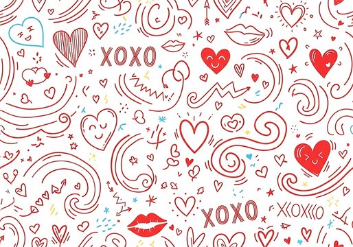Heartfelt Whimsy: Seamless Doodle Pattern of Red Hearts, Kisses, and Playful Swirls.
