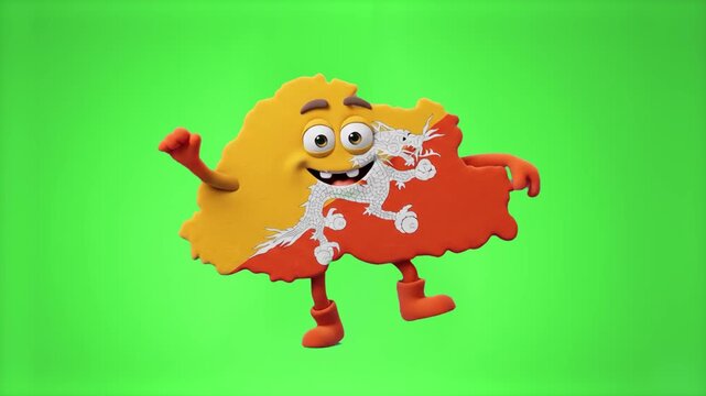 An energetic 3D cartoon mascot in the shape of Bhutan's map with its distinct dragon flag design, dancing with a huge smile and raised arm, isolated on a bright chroma key green screen background. Per