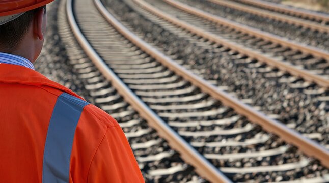 Railway worker in orange jacket and hard hat looking at tracks