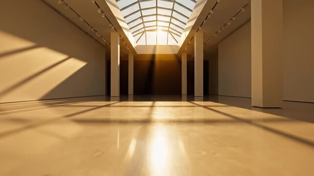 Empty modern architectural interior space with bright sunlight shining through glass skylight roof and long shadows