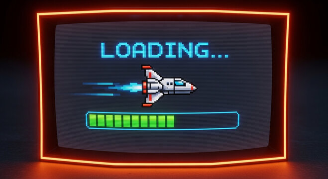 Retro pixel art style loading screen with a white spaceship.