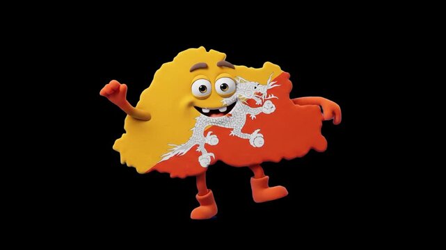 A friendly 3D Bhutan map mascot character decorated with the national flag dancing happily against a dark black background. Great for geography video clips, Asian travel promotions, cultural videos, a