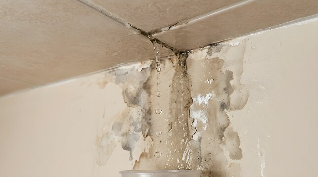 Water damage and damp stains on ceiling corner with mold growth, moisture
