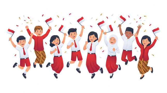 Indonesian school students jumping with flags celebrating national independence day in traditional and school uniforms