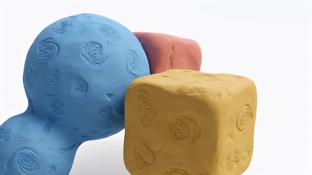Three colorful clay objects with textured patterns on a white background