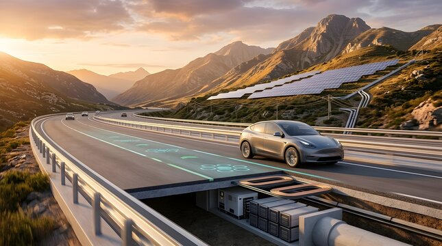 Wireless electric vehicle charging road infrastructure featuring underground power coils and hillside solar panels for sustainable highway transportation
