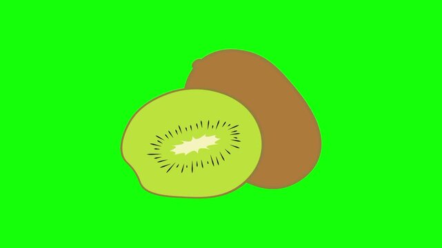 green kiwi fruit icon sign, isolated whiole fruits on green screen. Animated fresh healthy raw food cartoon. Advertisement, illustration idea, organic and natural diet symbol. Element for video.