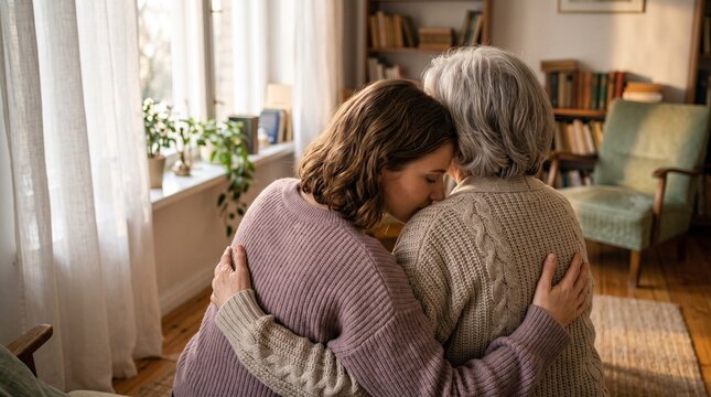 Young woman comforting her elderly mother with a warm hug in a cozy living room setting