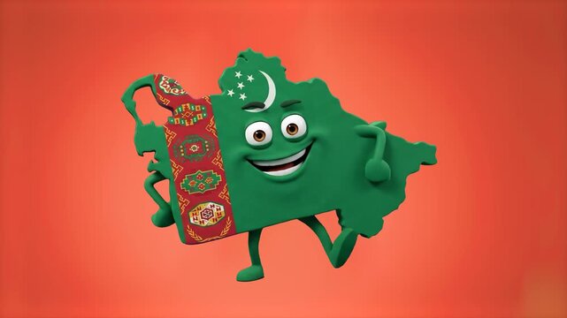 A happy 3D Turkmenistan country map mascot decorated with the national flag pattern dancing joyfully on a red background. Ideal for Central Asian culture videos, national day celebrations, travel guid