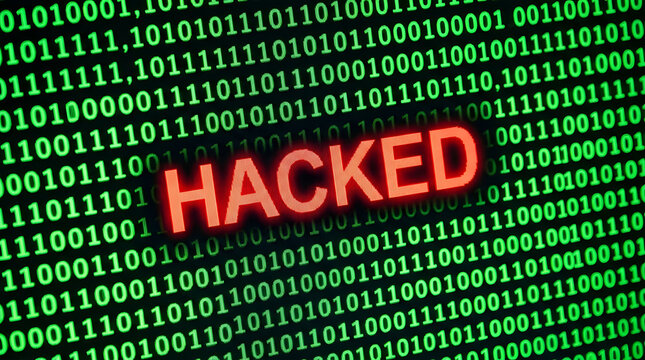 Glowing red HACKED text prominently displayed over a dark background filled with green binary code digits, creating a digital cybersecurity breach visual effect featuring data, hacking and computer