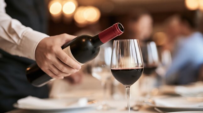 Waiter hand pouring red wine from bottle into glass in restaurant