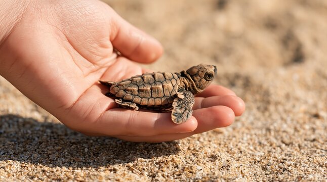 Baby sea turtle hatchling resting on human hand at sandy beach