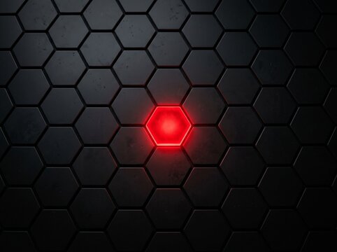 Abstract geometric pattern of dark hexagonal tiles featuring one glowing red center hexagon structure