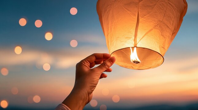 Hand holding glowing sky lantern at sunset