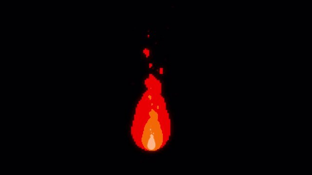 Fire flame animation in 8-bit pixel style isolated on black background for motion graphics design
