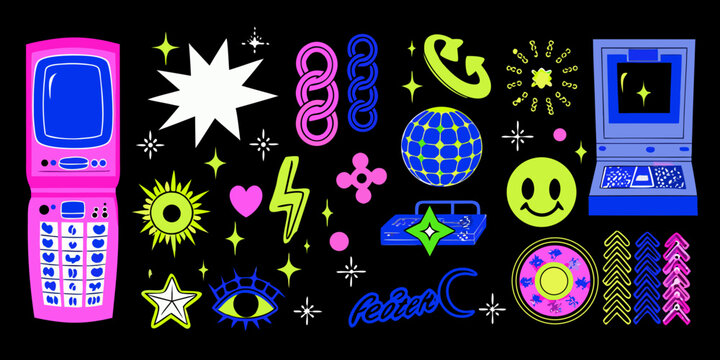 Nostalgic collage featuring flip phones and retro vector elements