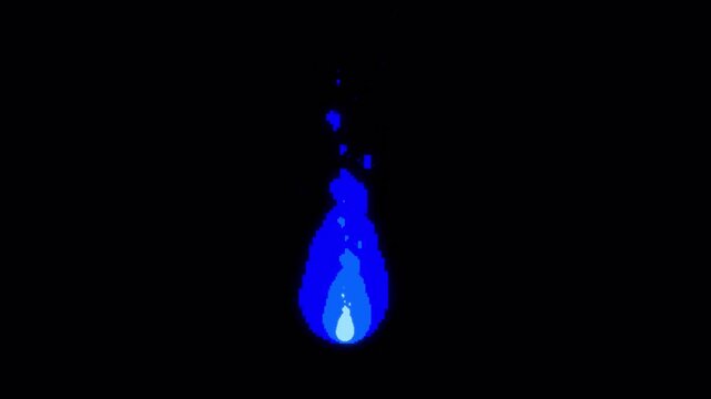 Blue Fire flame animation in 8-bit style isolated on black background for motion graphics design