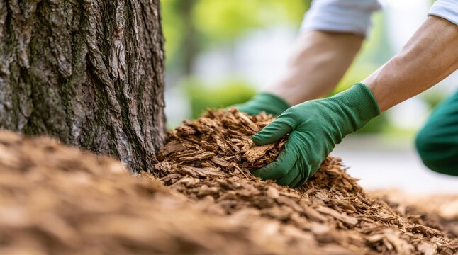 Gardener hands in green gloves mulching tree with wood chips