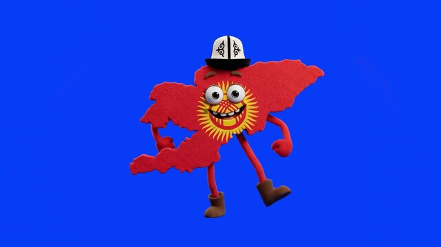 A cheerful 3D animated mascot in the shape of the map of Kyrgyzstan, featuring the national red flag, central yellow sun, and a traditional kalpak hat, dancing energetically on a solid blue studio bac