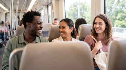 Fototapeta premium Three multicultural rail passengers smile across high-backed seats during a green suburban journey, capturing spontaneous friendship, inclusive conversation and a cheerful shared commute in daylight