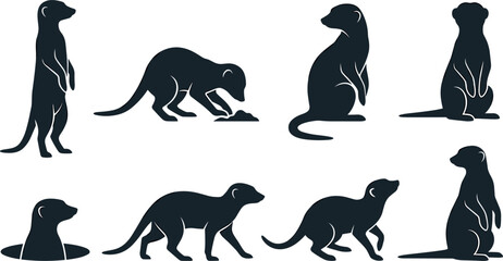 Meerkat Silhouette Vector Set Featuring Small African Mammals in Standing Alert Sitting Digging Walking and Peeking from Hole Poses for Wildlife Designs