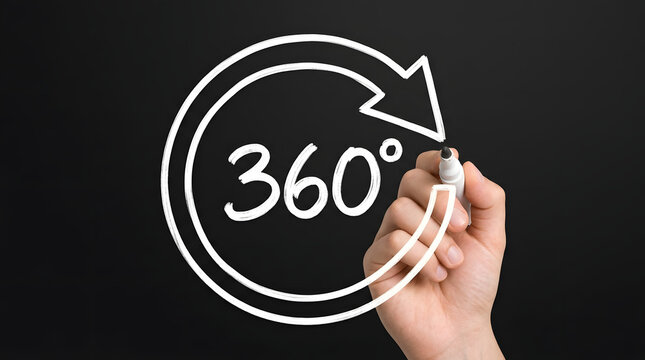 A hand drawing a white circular arrow with the text 0 degrees inside it on a black background using a white marker pen featuring writing, whiteboard, circle, rotation, full circle and symbol