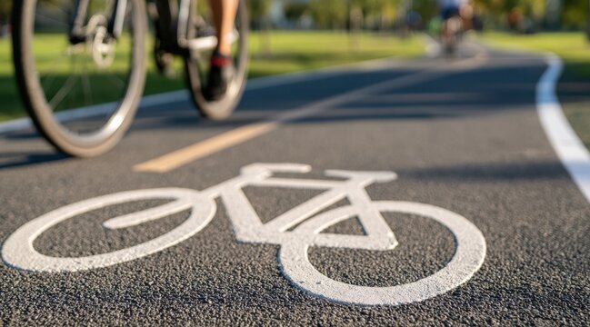 White bicycle lane sign on asphalt path with blurred cyclist